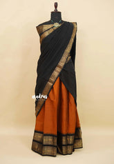 Brownish Orange with Black - Karthigai Silk Cotton Pavadai Thavani / Half saree Set - Unstitched - Devasena